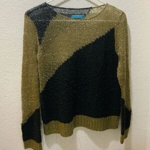 Alice & Olivia Metallic Gold And Black Colorblock Crewneck Sweater Small EUC